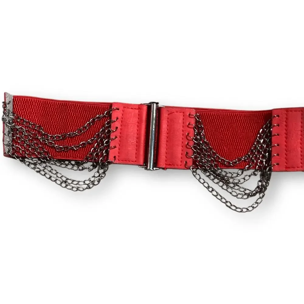 Vintage Y2K Red Leather Layered Chain Belt Festival Statement Edgy Accessory
